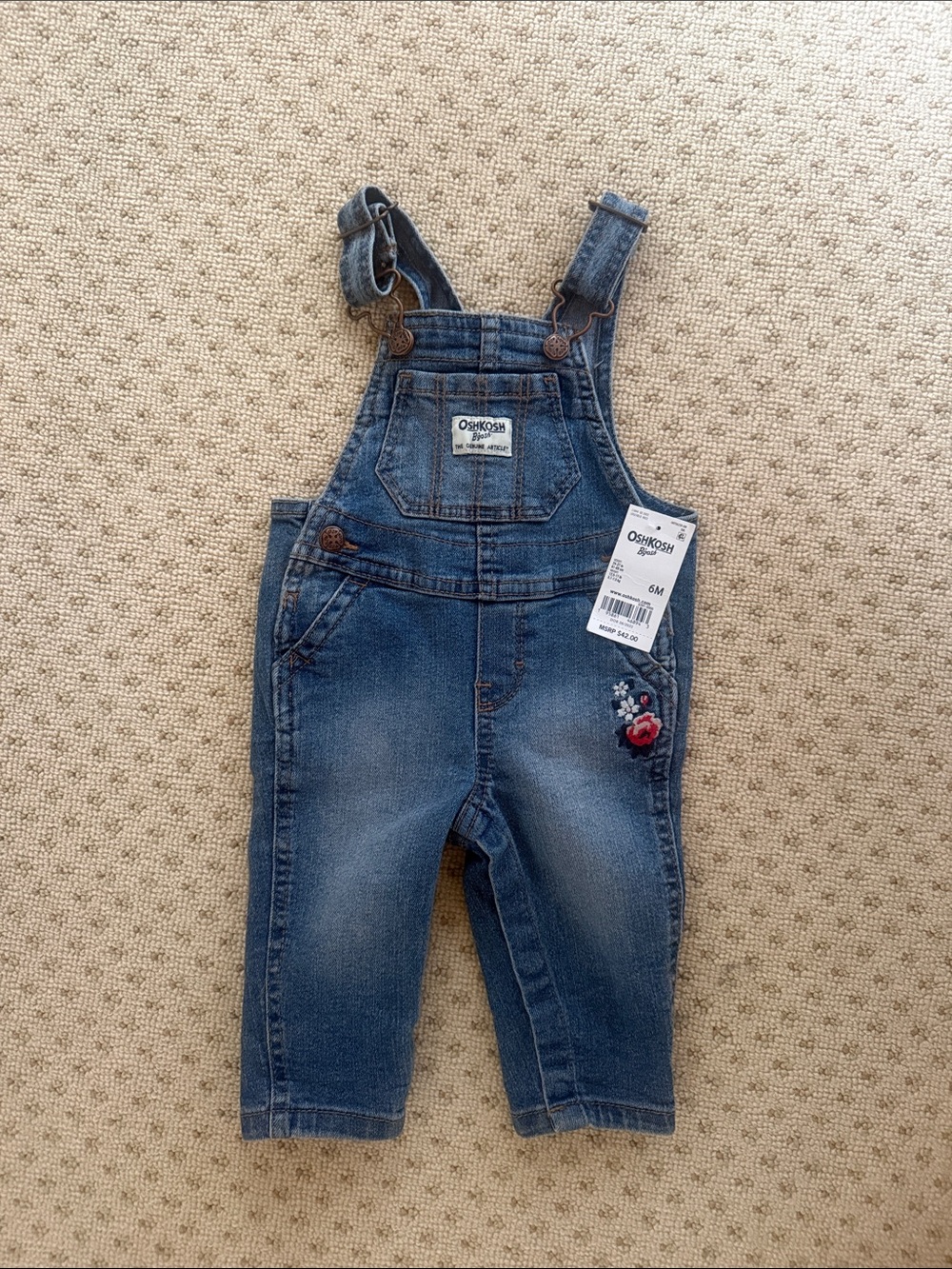 OshKosh B'gosh Girls Denim Overalls with Floral Embroidery, size 6 months, NWT